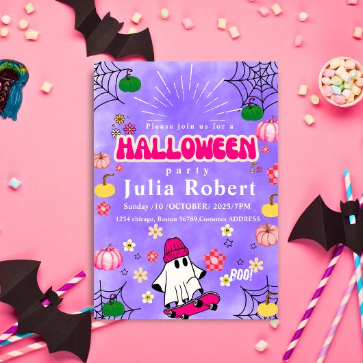 Halloween-Kürbis-Skateboard lila Einladung