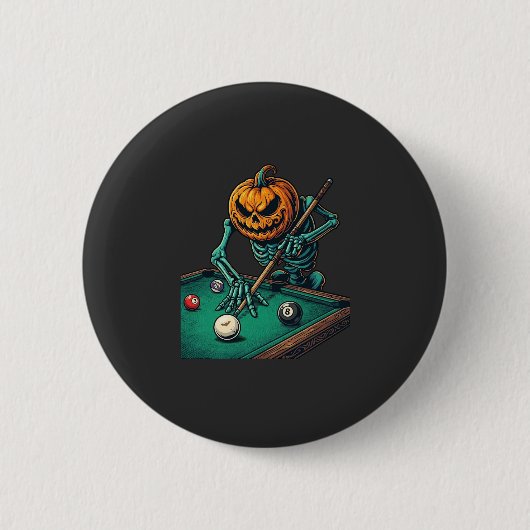 Halloween-Kürbis-Skelett spielt Pool-Billard Button (Vorderseite)