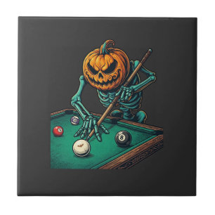 Halloween-Kürbis-Skelett spielt Pool-Billard Fliese