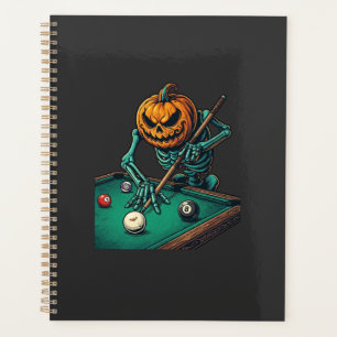 Halloween-Kürbis-Skelett spielt Pool-Billard Planer