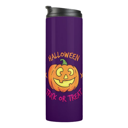 Halloween-Kürbis-Süßes-oder-Saures-Etikett Thermosbecher (Nach rechts gedreht)