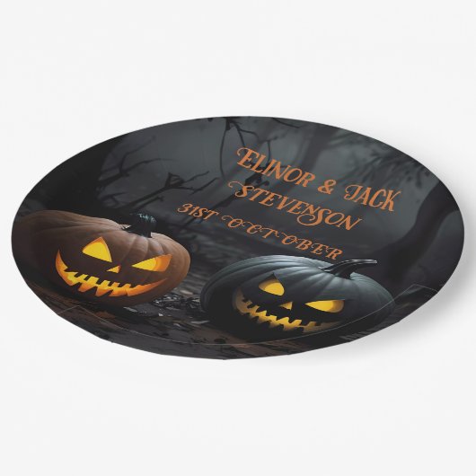 Halloween-Kürbis und Blumenmuster Pappteller (Schrägansicht)