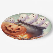 Halloween-Kürbis und Geister Pappteller (Schrägansicht)