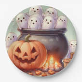 Halloween-Kürbis und Geister Pappteller (Vorderseite)