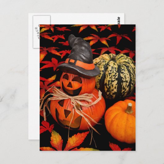 Halloween-Kürbis und Herbstlaub Postkarte (Vorne/Hinten)