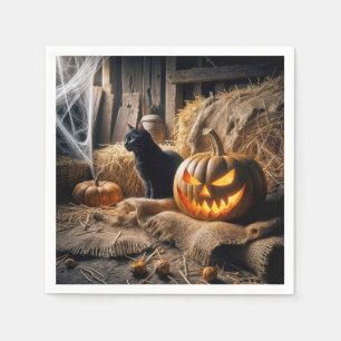 Halloween-Kürbis und Katze in der Scheune Serviette