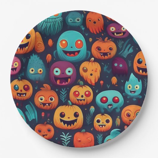 Halloween Kürbis und Monster Pappteller (Vorderseite)