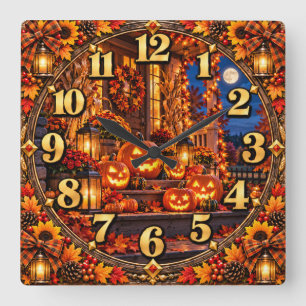 Halloween-Kürbis-Veranda Herbstnacht Quadratische Wanduhr