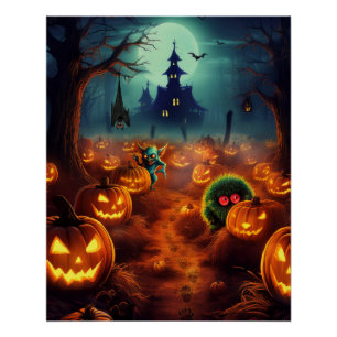Halloween Kürbisfeld mit Spuk Poster