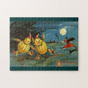 Halloween-Kürbisfiguren und Hexe Puzzle