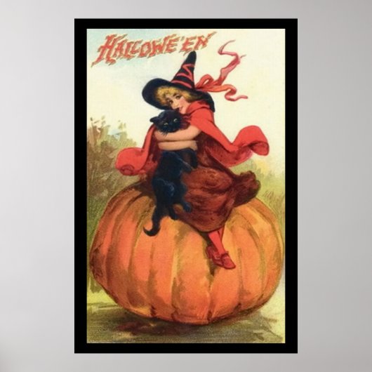 Halloween Kürbishexe Rot auf einem Kürbis Poster (Vorne)