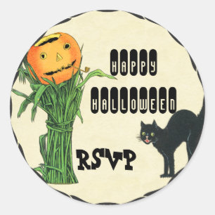 HALLOWEEN-KÜRBISKOPF Maisstängel und schwarze Katz Runder Aufkleber