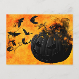 Halloween-Kürbislaterne und Fledermäuse Postkarte