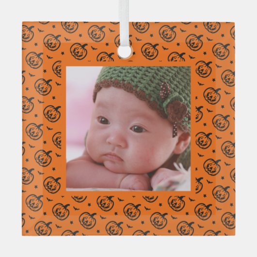 Halloween-Kürbismuster-Orangen-Foto Ornament Aus Glas (Vorderseite)