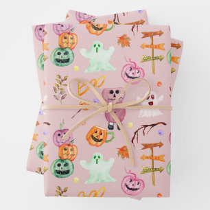 Halloween-Kürbisse, Geist, Monster Rosa  Geschenkpapier Set