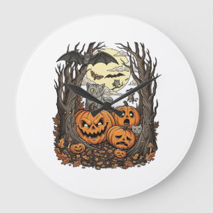 Halloween-Kürbisse Graue Katze Fledermaus Vollmond Große Wanduhr