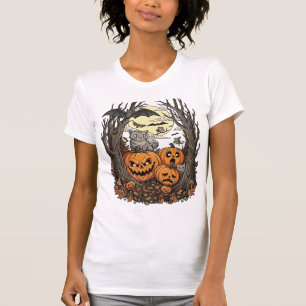 Halloween-Kürbisse Graue Katze Fledermaus Vollmond T-Shirt