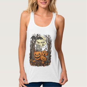 Halloween-Kürbisse Graue Katze Fledermaus Vollmond Tank Top
