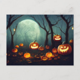 Halloween Kürbisse in einem Wald bei Vollmond. Postkarte