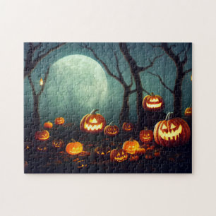 Halloween Kürbisse in einem Wald bei Vollmond. Puzzle