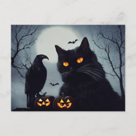 Halloween Kürbisse Katze und Rabe bei Vollmond. Postkarte