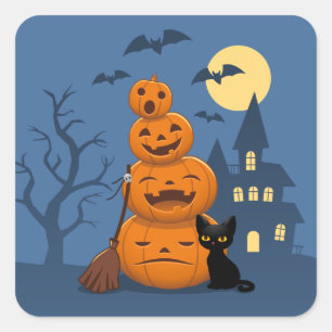 Halloween-Kürbisse und schwarze Katze Quadratischer Aufkleber