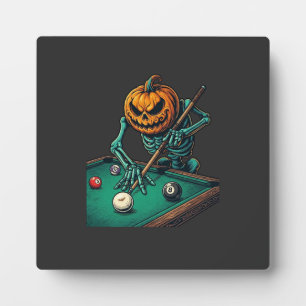 Halloween-Kürbisskelett spielt Pool-Billard Fotoplatte