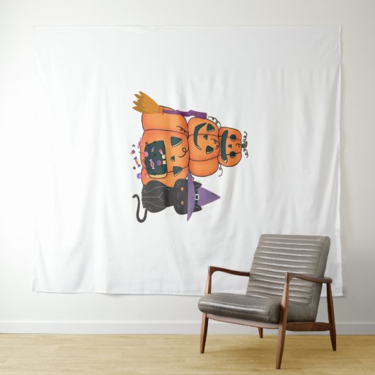 Halloween Kürbisstack mit schwarzer Katze, Candy & Wandteppich (Beispiel (Horizontal))