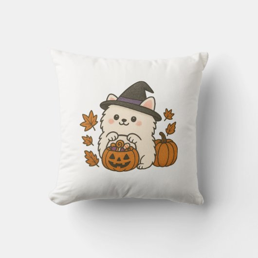 Halloween Kussen – Pomeranian met Heksenhoed Kissen (Vorderseite)