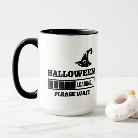 Halloween Laden bitte Text schwarz und weiß warten Tasse (Mit Donut)