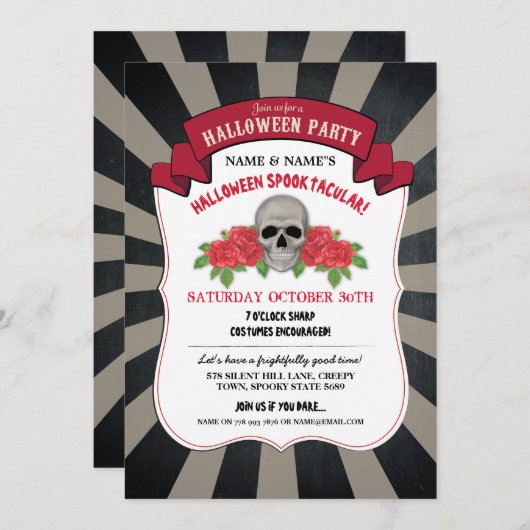 Halloween laden Schädel-Rosen-rotes Zirkus-Party Einladung (Vorne/Hinten)