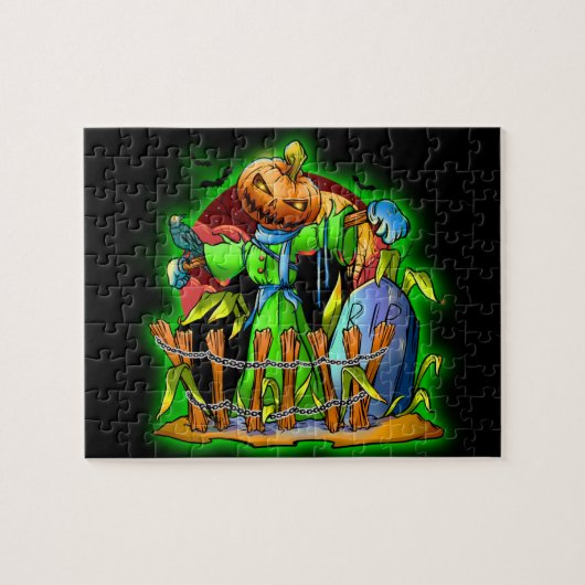 Halloween Lady Scarecrow Pumpkin Head RIP Bat Puzzle (Horizontal)