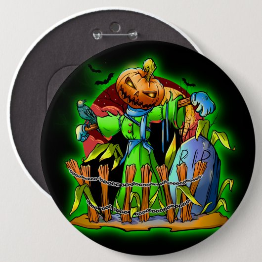 Halloween Lady Scarecrow Pumpkin Head RIP Bats Button (Vorne & Hinten)
