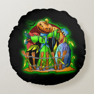 Halloween Lady Scarecrow Pumpkin Head RIP Bats Rundes Kissen