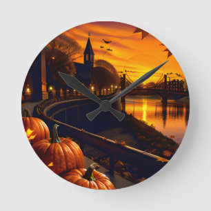 Halloween-Landschaft Zwei Runde Wanduhr