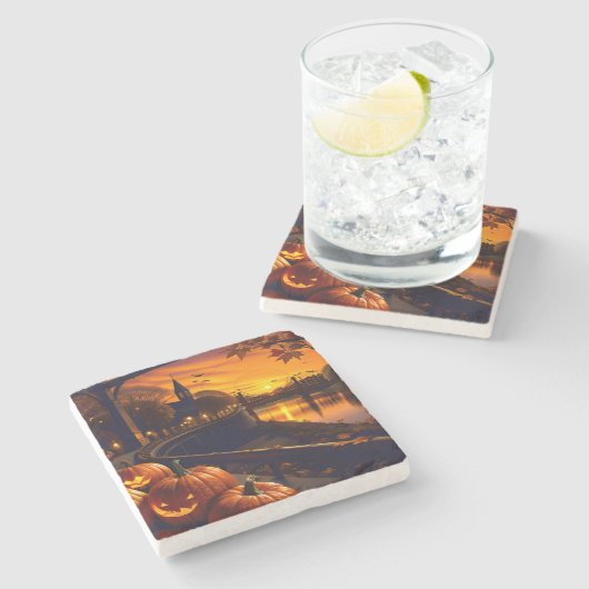 Halloween Landschaft Zwei Steinuntersetzer (Seitenansicht)