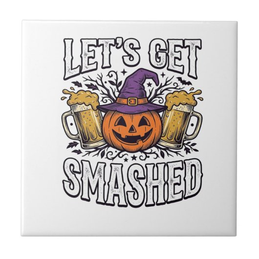 Halloween Lasst Uns Zerstören Kürbis Bier Fliese (Vorderseite)