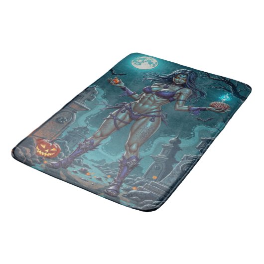 Halloween Leckerei oder Zombie Girlfriend w Brains Badematte (Schrägansicht)