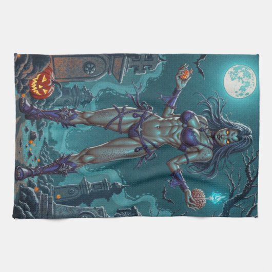 Halloween Leckerei oder Zombie Girlfriend w Brains Geschirrtuch (Horizontal)