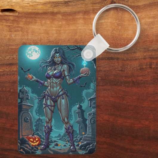 Halloween Leckerei oder Zombie Girlfriend w Brains Schlüsselanhänger (Rückseite)