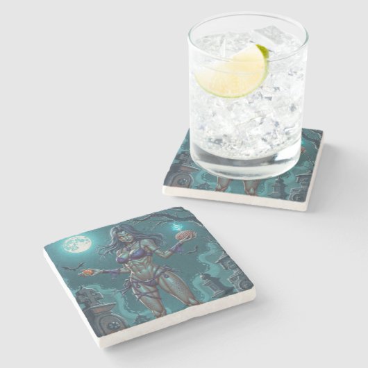 Halloween Leckerei oder Zombie Girlfriend w Brains Steinuntersetzer (Seitenansicht)