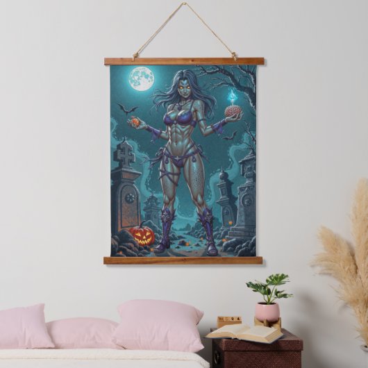 Halloween Leckerei oder Zombie Girlfriend w Brains Wandteppich Mit Holzrahmen (Schlafzimmer)