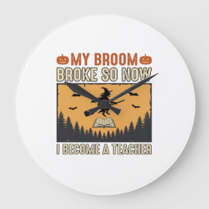 Halloween-Lehrer-Besen-Bruch-Vintage-Design_1 Große Wanduhr