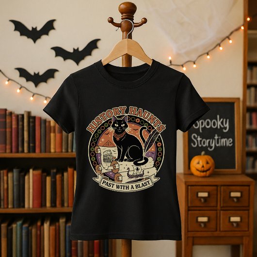 Halloween-Lehrer Geschichte Haunts Cat & Scroll T-Shirt