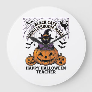 Halloween Lehrer Katze Vintage Kürbis Klassenzimme Große Wanduhr