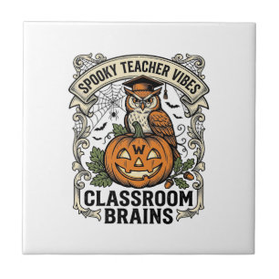 Halloween-Lehrer-Kürbis-Eule-Vintage-Schul-Shirt Fliese