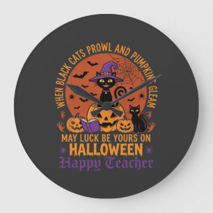 Halloween-Lehrer-Schwarze Katze Kürbis Glück Große Wanduhr