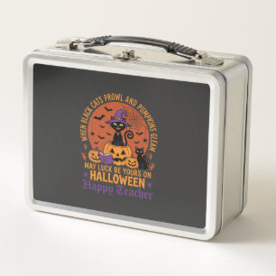 Halloween-Lehrer-Schwarze Katze Kürbis Glück Metall Brotdose
