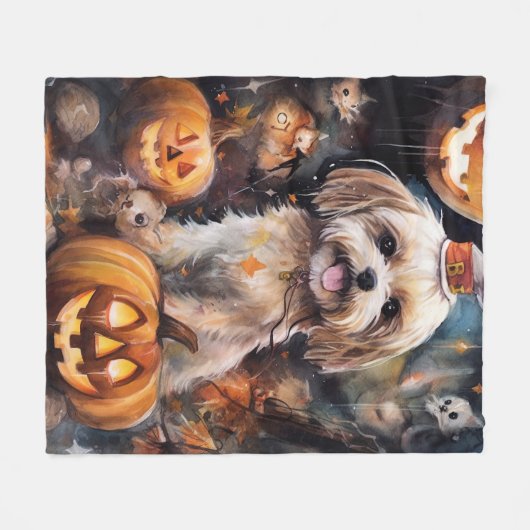 Halloween Lhasa Apso mit Pumpkins Beängstigend Fleecedecke (Vorderseite (Horizontal))