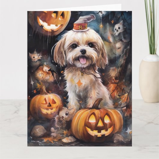 Halloween Lhasa Apso mit Pumpkins Beängstigend Karte (Vorderseite)
